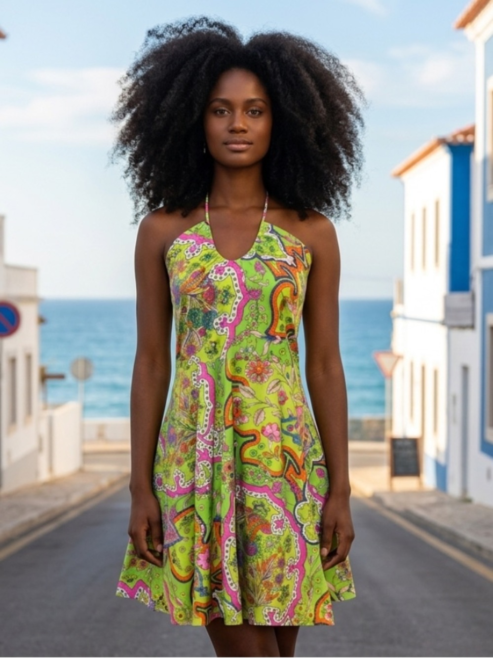 TAILOR New York Dress Halter Drawstring Colorful Floral Green Fit Flare Sun